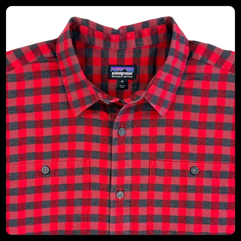Patagonia Button Up Shirt Men Medium Red Grey Buffalo Check Organic Cotton Twill